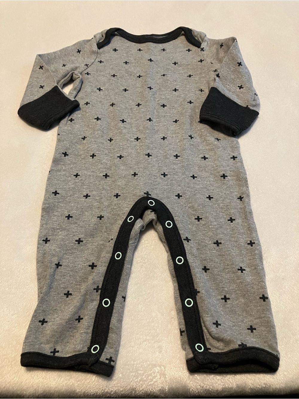 Gray One-Piece Footie with Black Cross Print